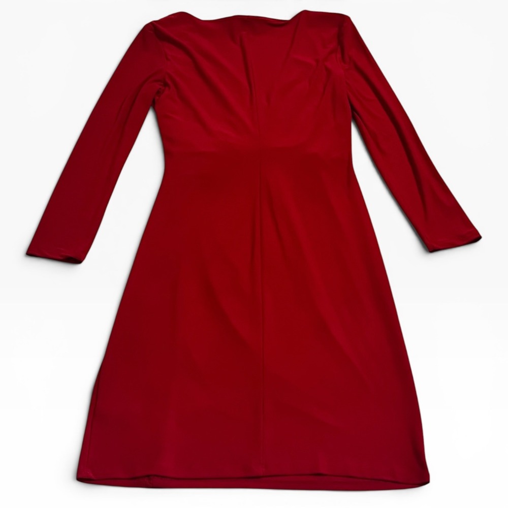 Lauren Ralph Lauren Red Ruched Ruffle Sheath Dress Long Sleeve Size 10 Stretch - Picture 10 of 11